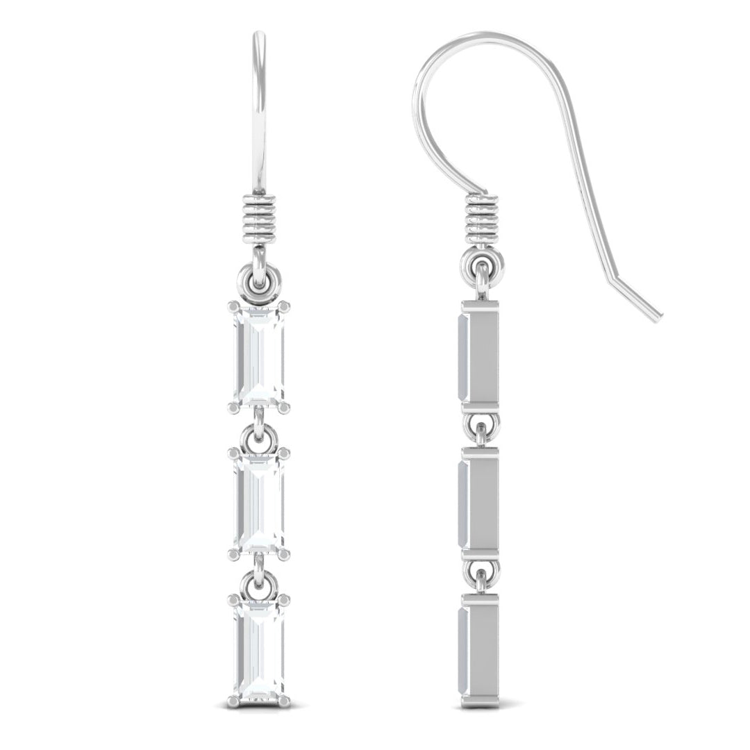 Certified Baguette Moissanite 3 Stone Dangle Earrings with Fish Hook