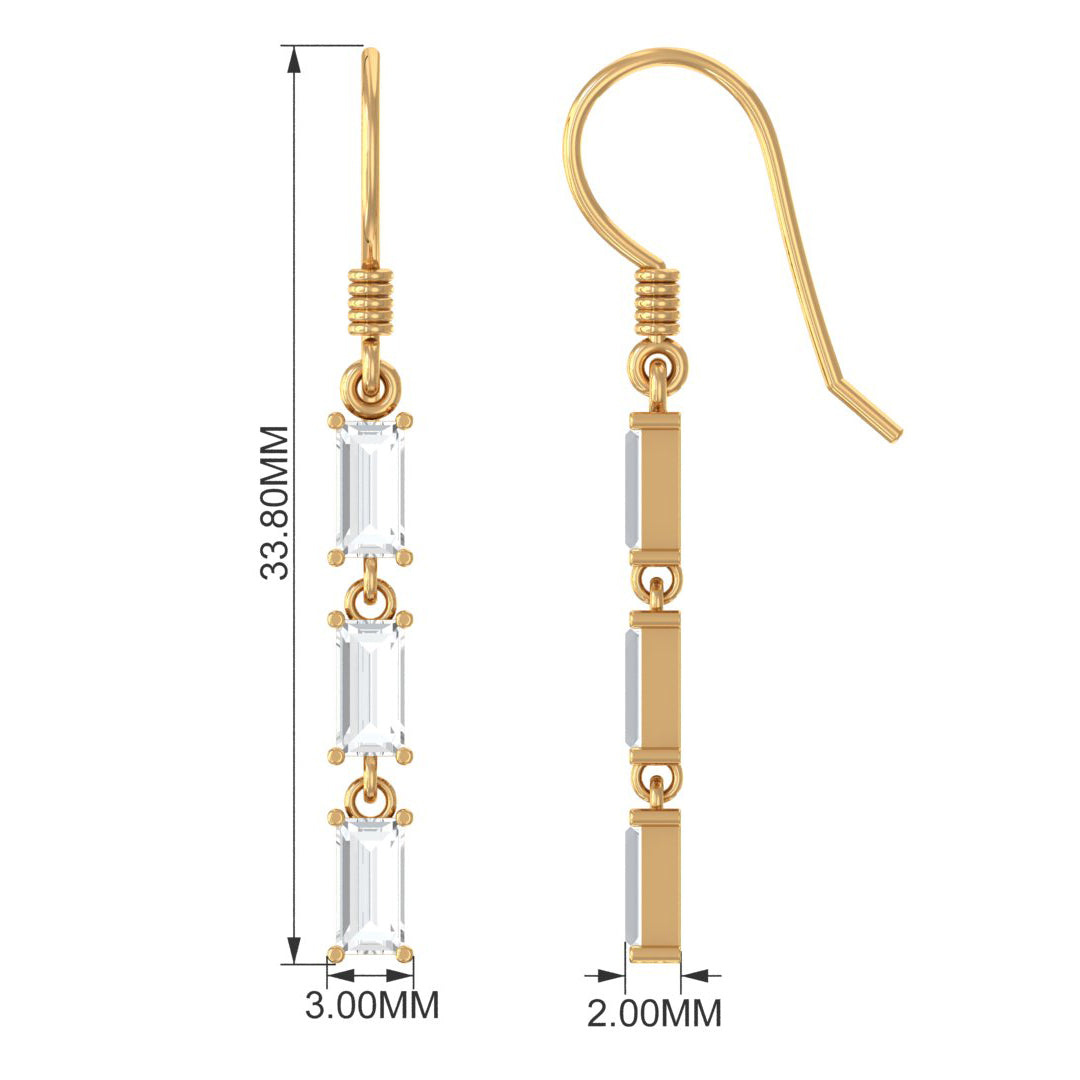 Certified Baguette Moissanite 3 Stone Dangle Earrings with Fish Hook
