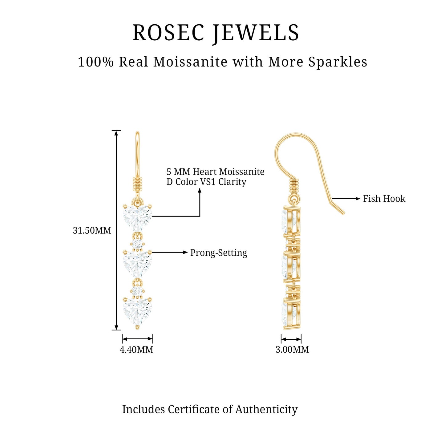 Heart and Round Shape Moissanite Dangle Earrings