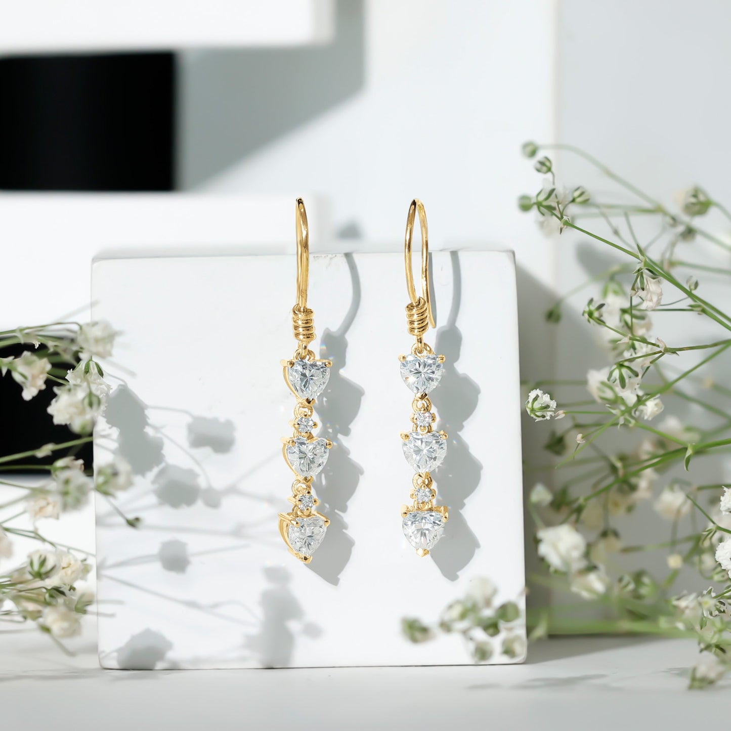 Heart and Round Shape Moissanite Dangle Earrings
