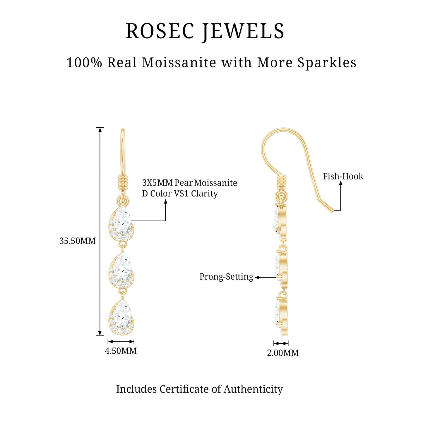 Certified Moissanite Dangling Wedding Earrings for Bride