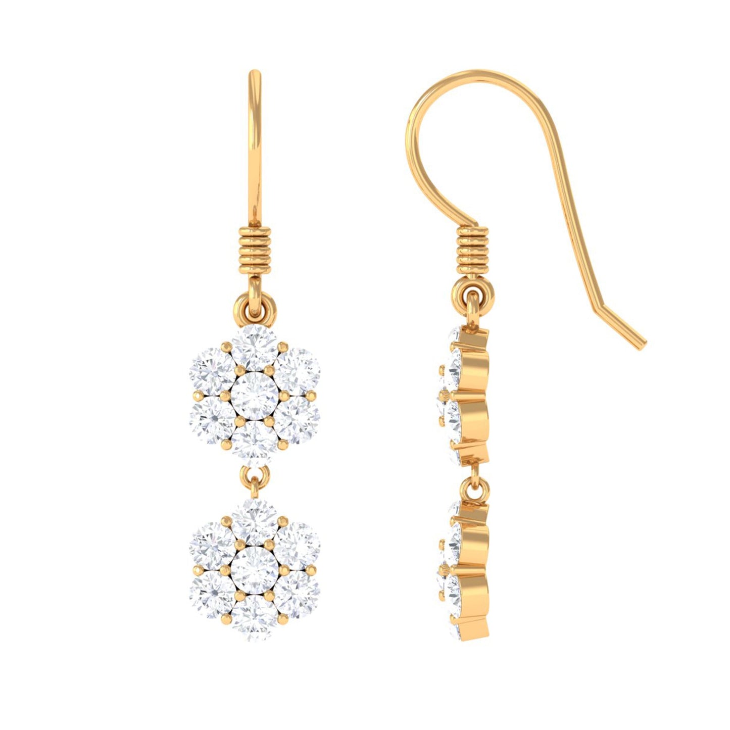 Certified Moissanite Double Flower Dangle Earrings with Fish Hook