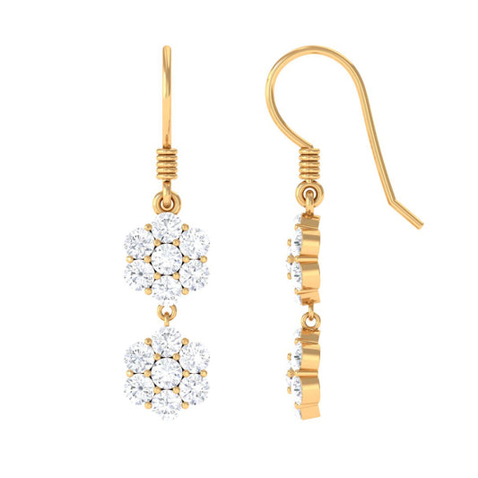 Certified Moissanite Double Flower Dangle Earrings with Fish Hook