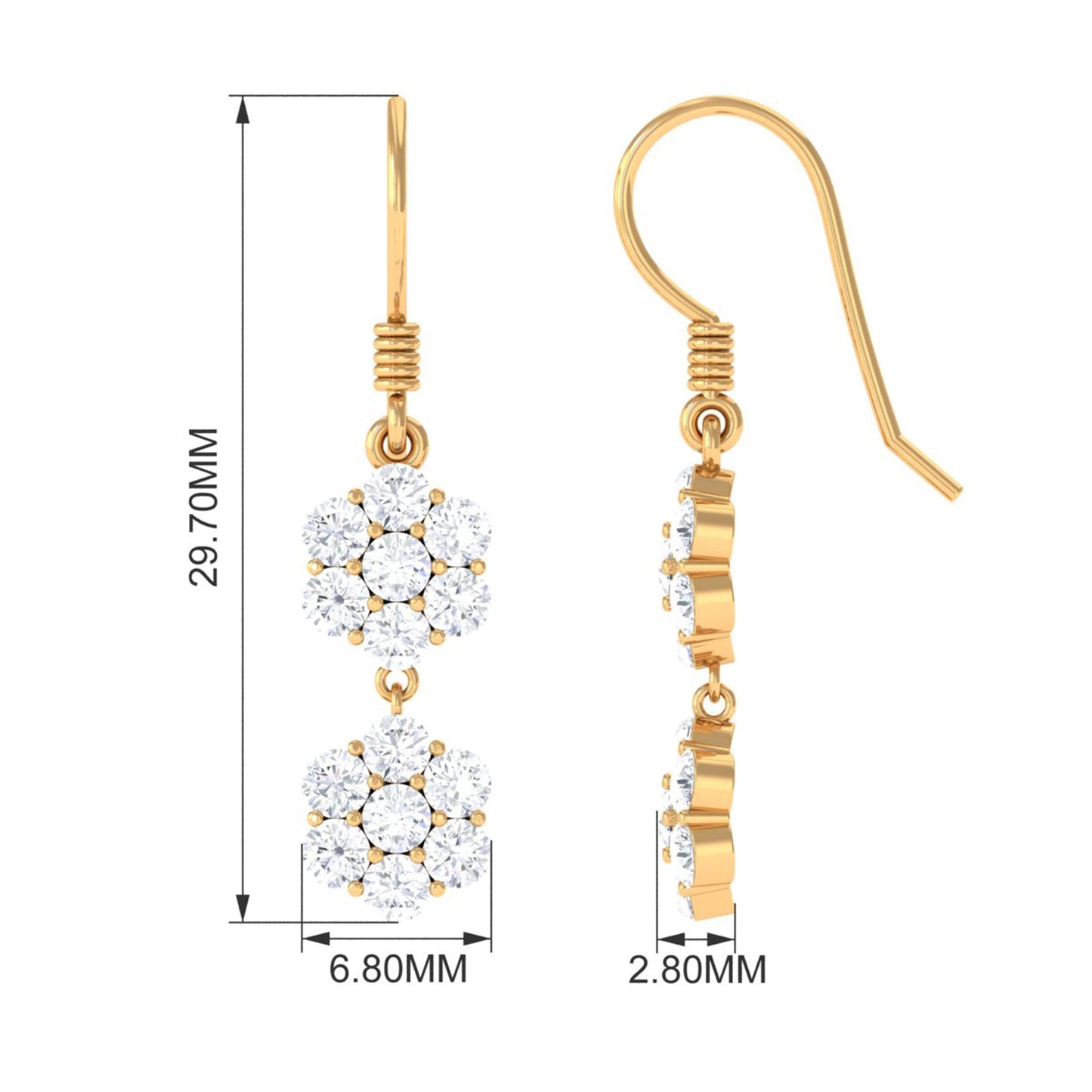 Certified Moissanite Double Flower Dangle Earrings with Fish Hook