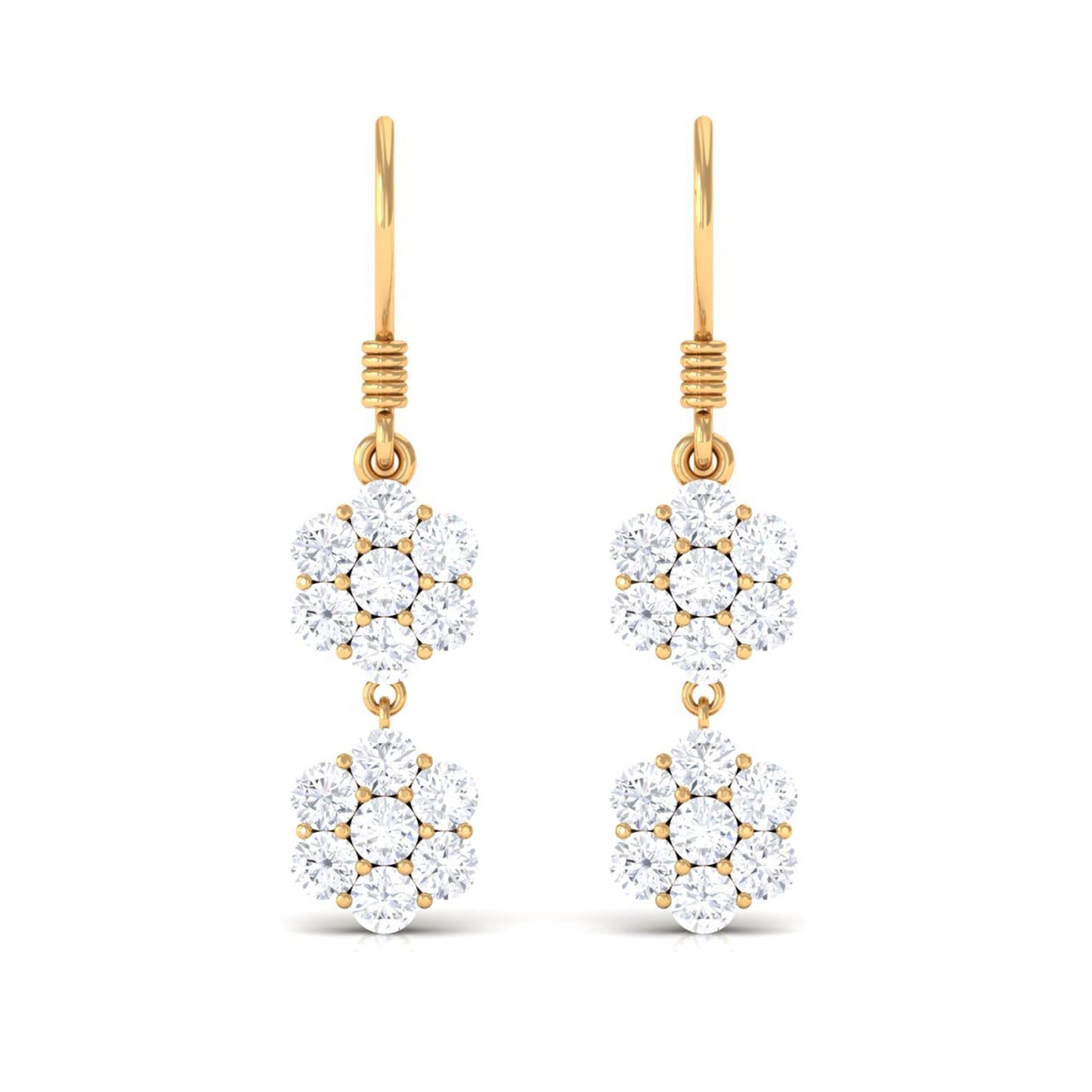 Certified Moissanite Double Flower Dangle Earrings with Fish Hook