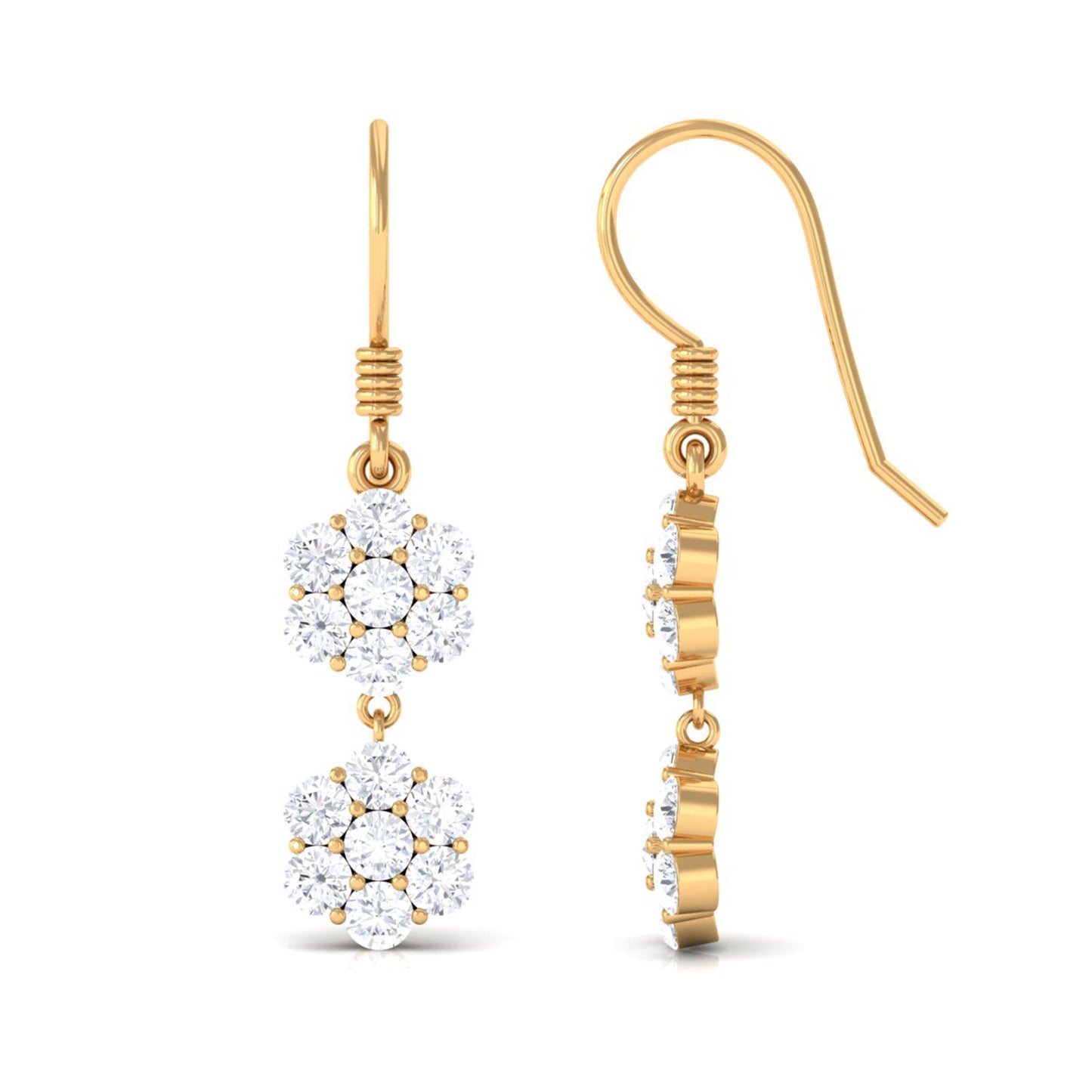 Certified Moissanite Double Flower Dangle Earrings with Fish Hook