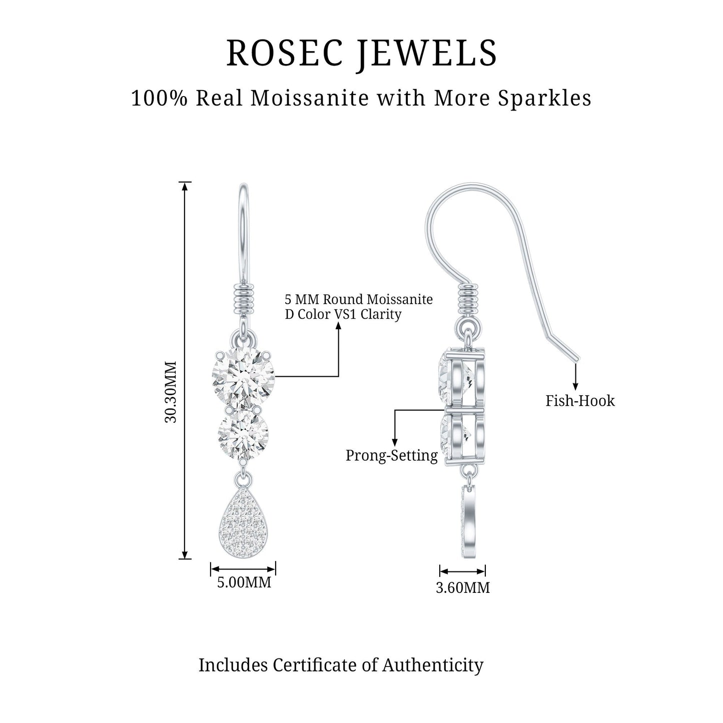 1 Carat Moissanite Dangle Earrings with Fish Hook