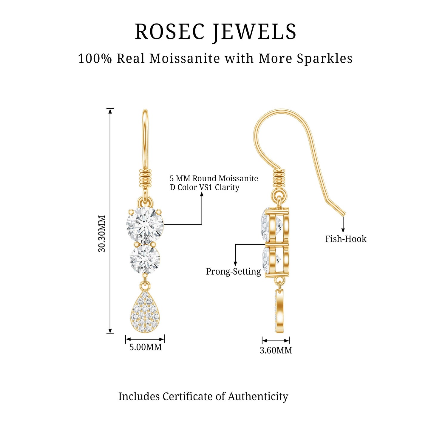 1 Carat Moissanite Dangle Earrings with Fish Hook