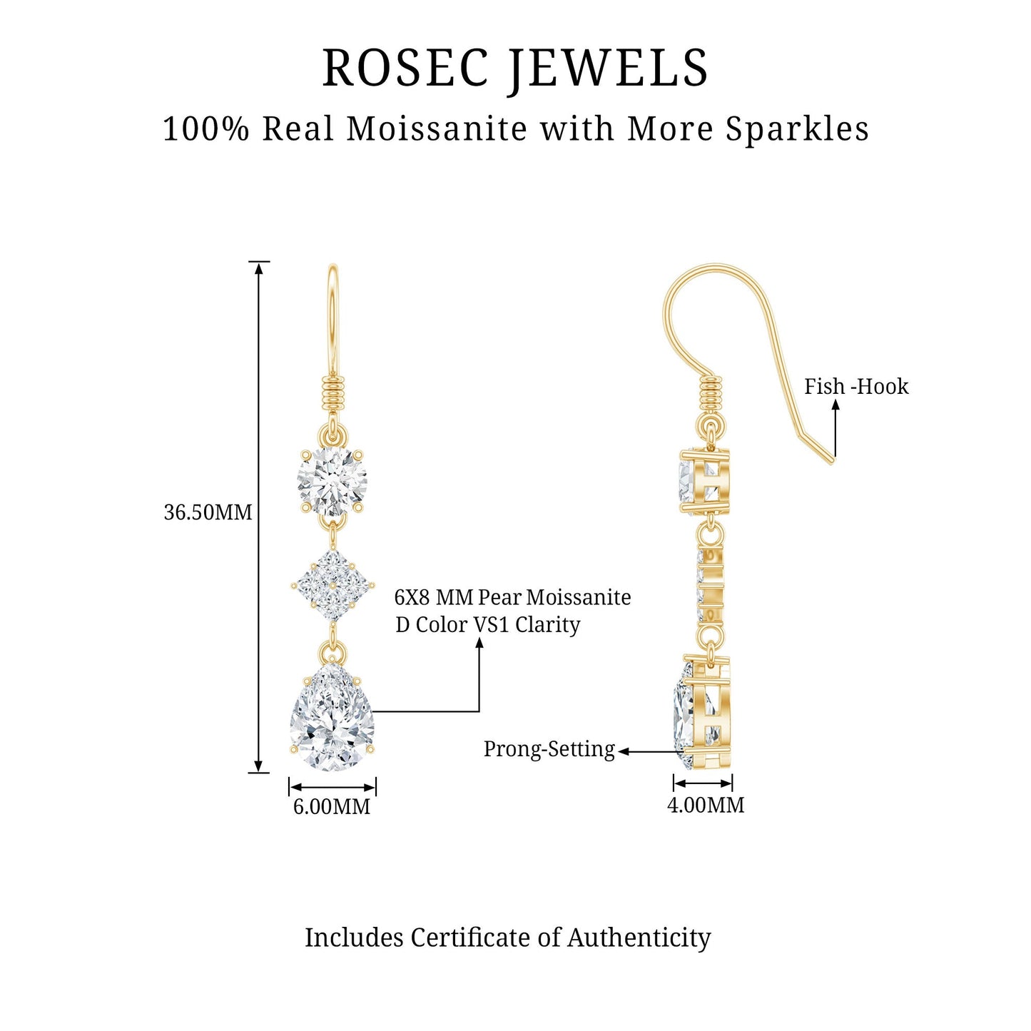 Certified Moissanite Bridal Dangle Earrings with Fish Hook