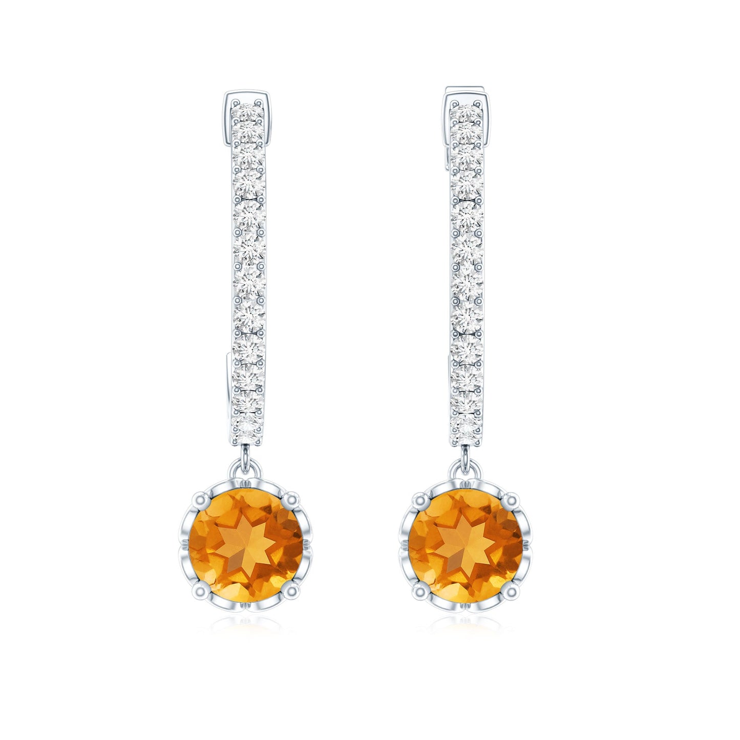 Natural Citrine Diamond Drop Hoop Earrings with Screw Back