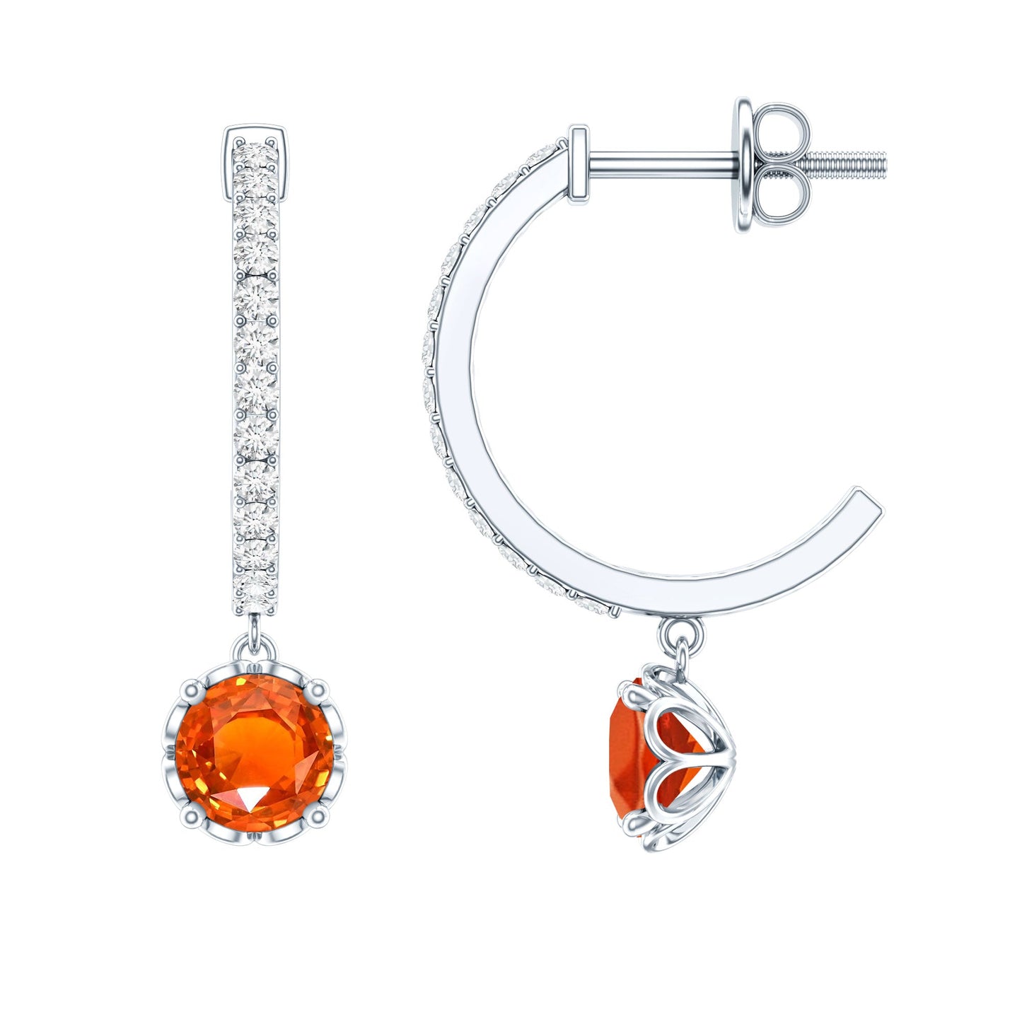 Lab Created Orange Sapphire and Diamond Hoop Drop Earrings