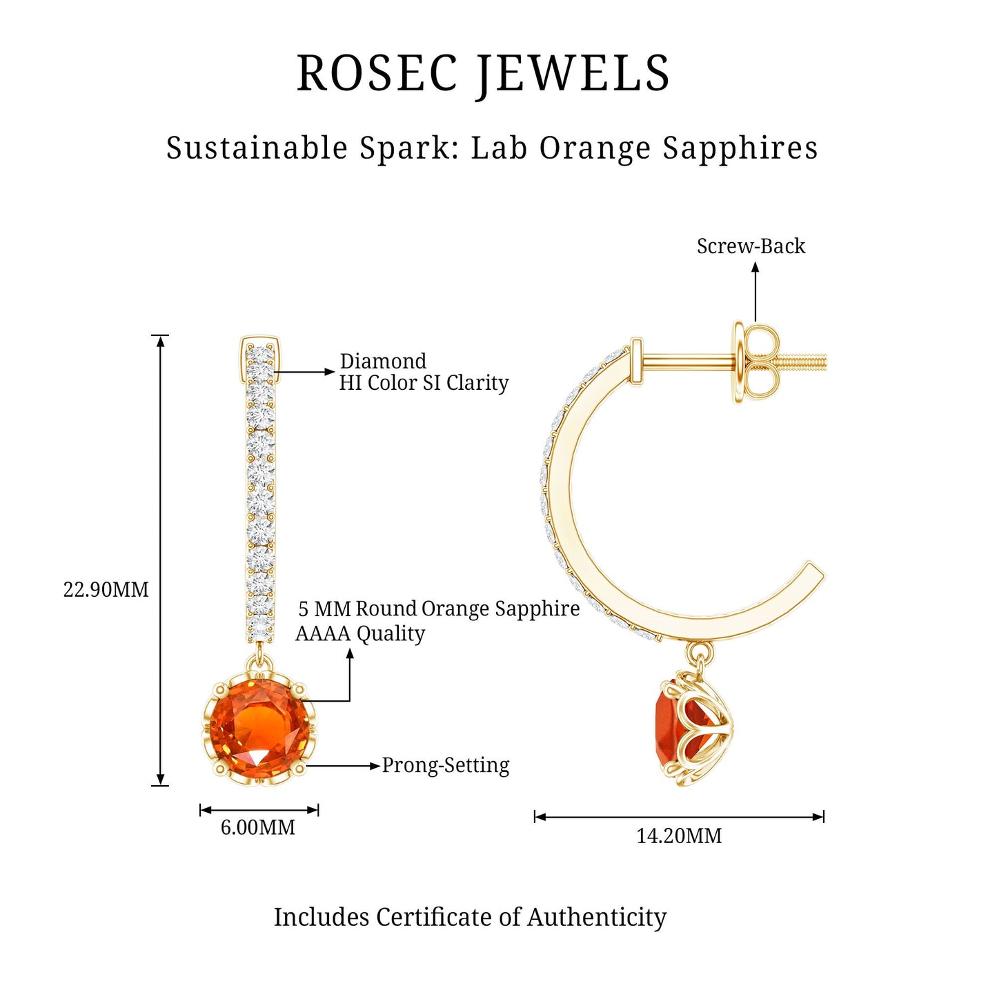 Lab Created Orange Sapphire and Diamond Hoop Drop Earrings