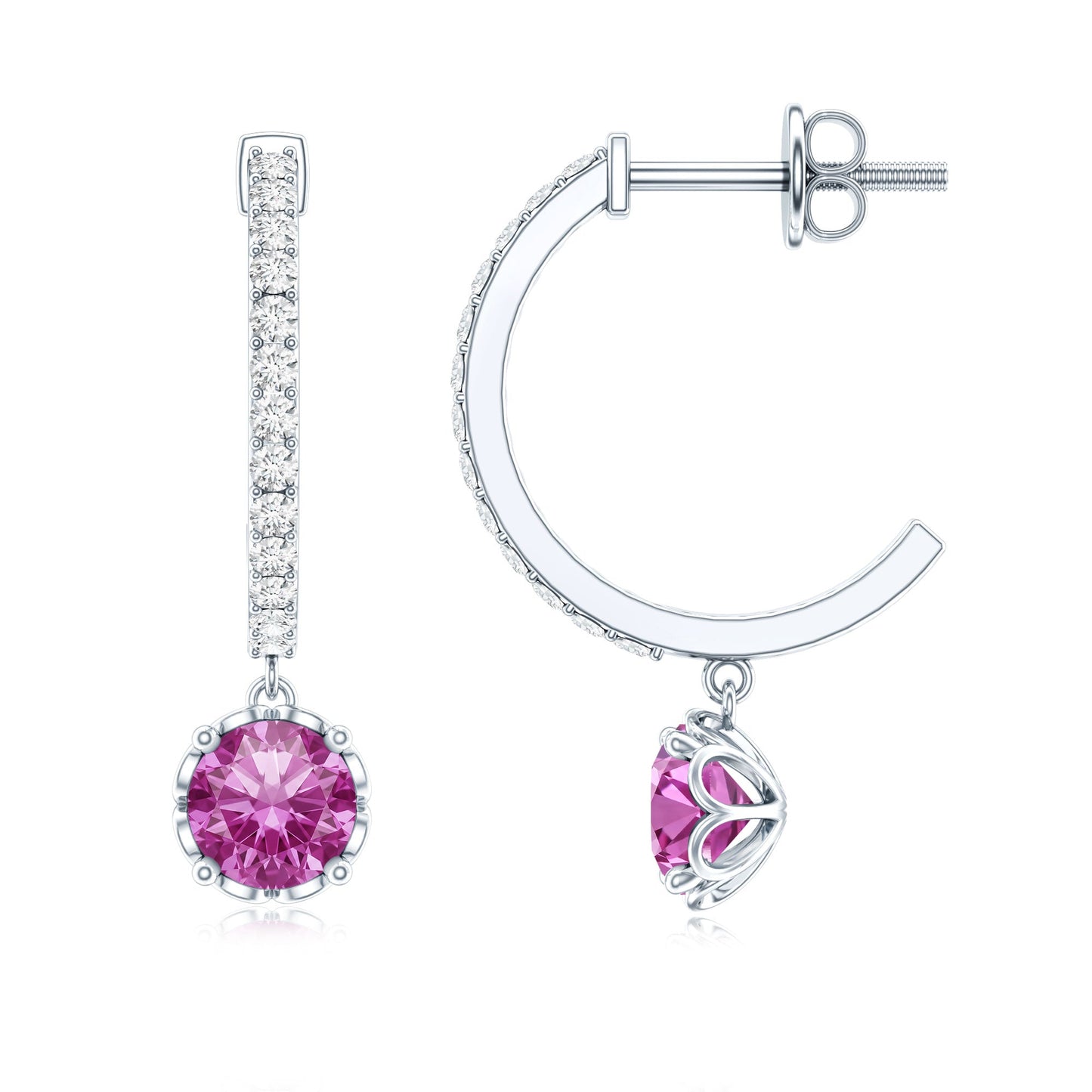 Lab Created Pink Sapphire and Diamond Hoop Drop Earrings
