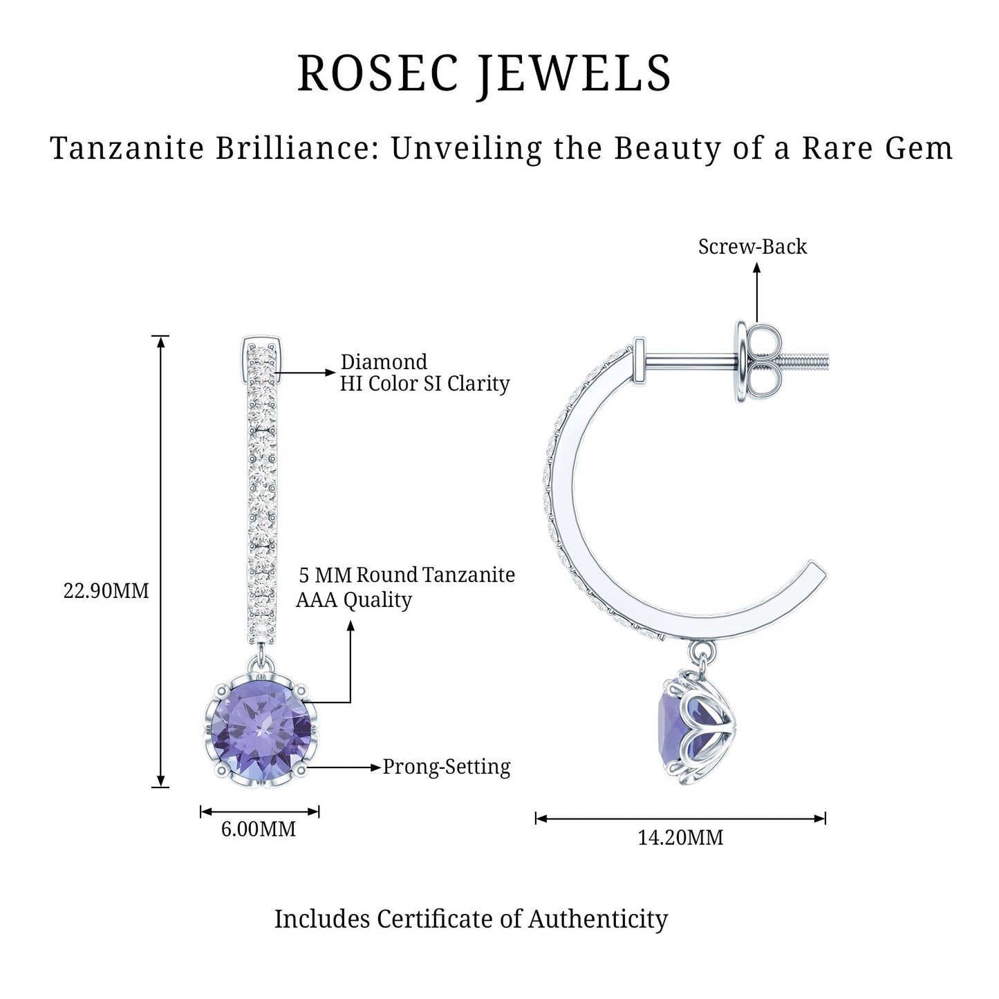 Natural 1 Carat Tanzanite Drop Hoop Earrings with Diamond
