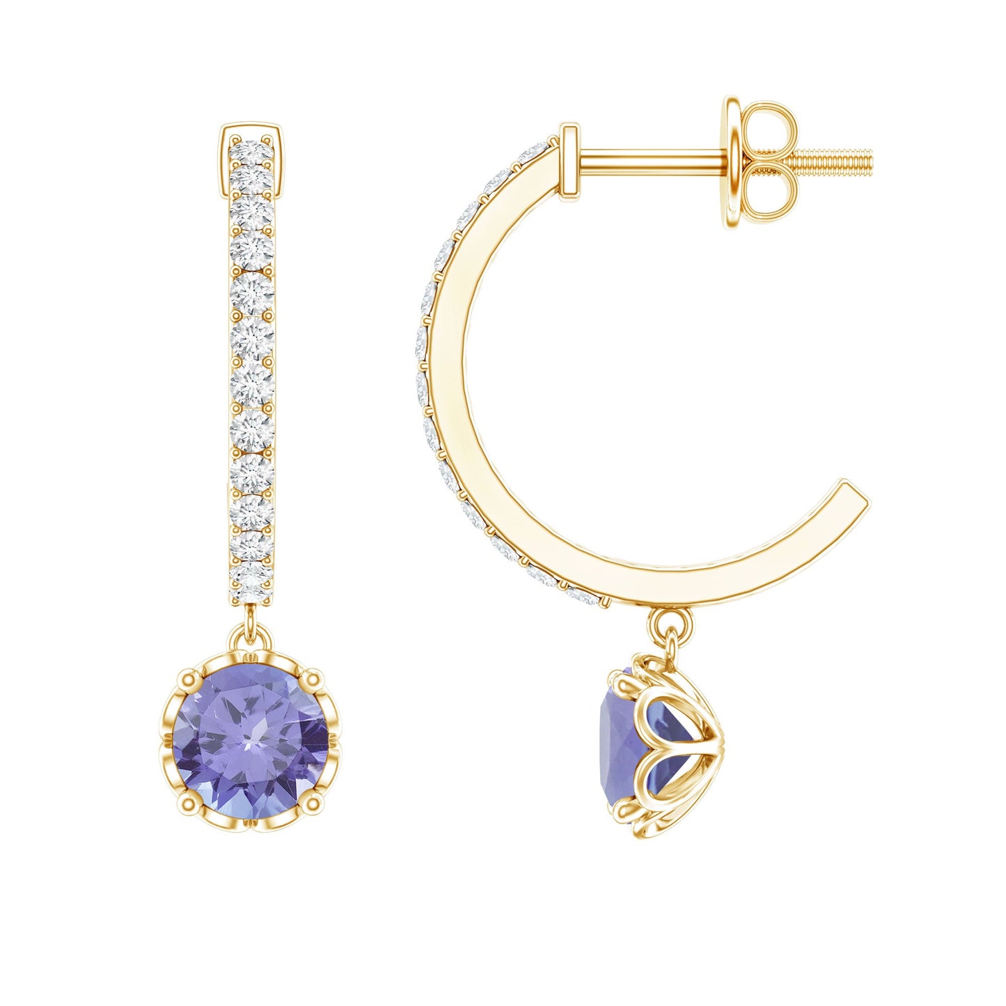Natural 1 Carat Tanzanite Drop Hoop Earrings with Diamond