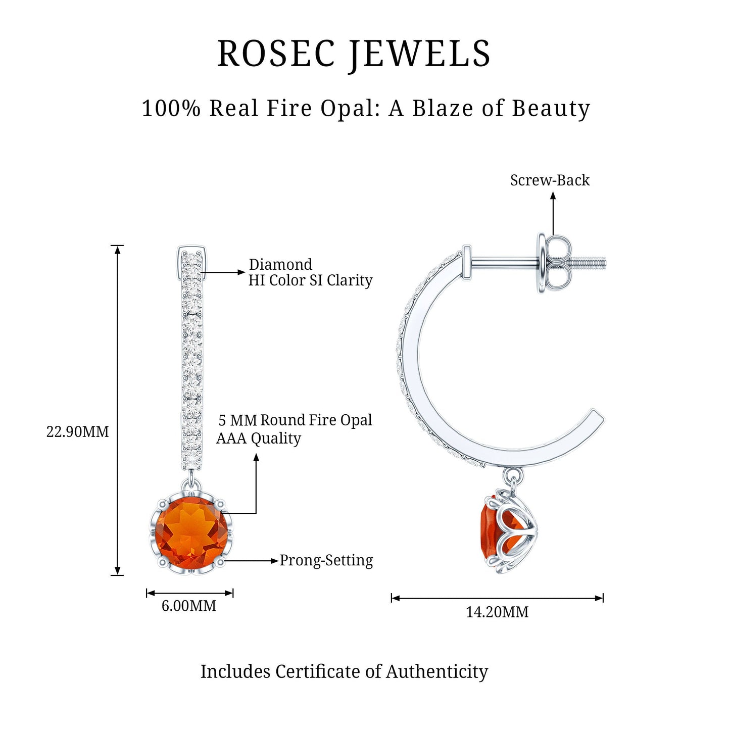 Certified Real Fire Opal Drop Hoop Earrings with Diamond