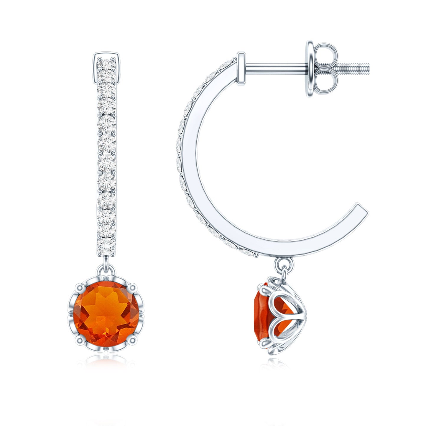 Certified Real Fire Opal Drop Hoop Earrings with Diamond