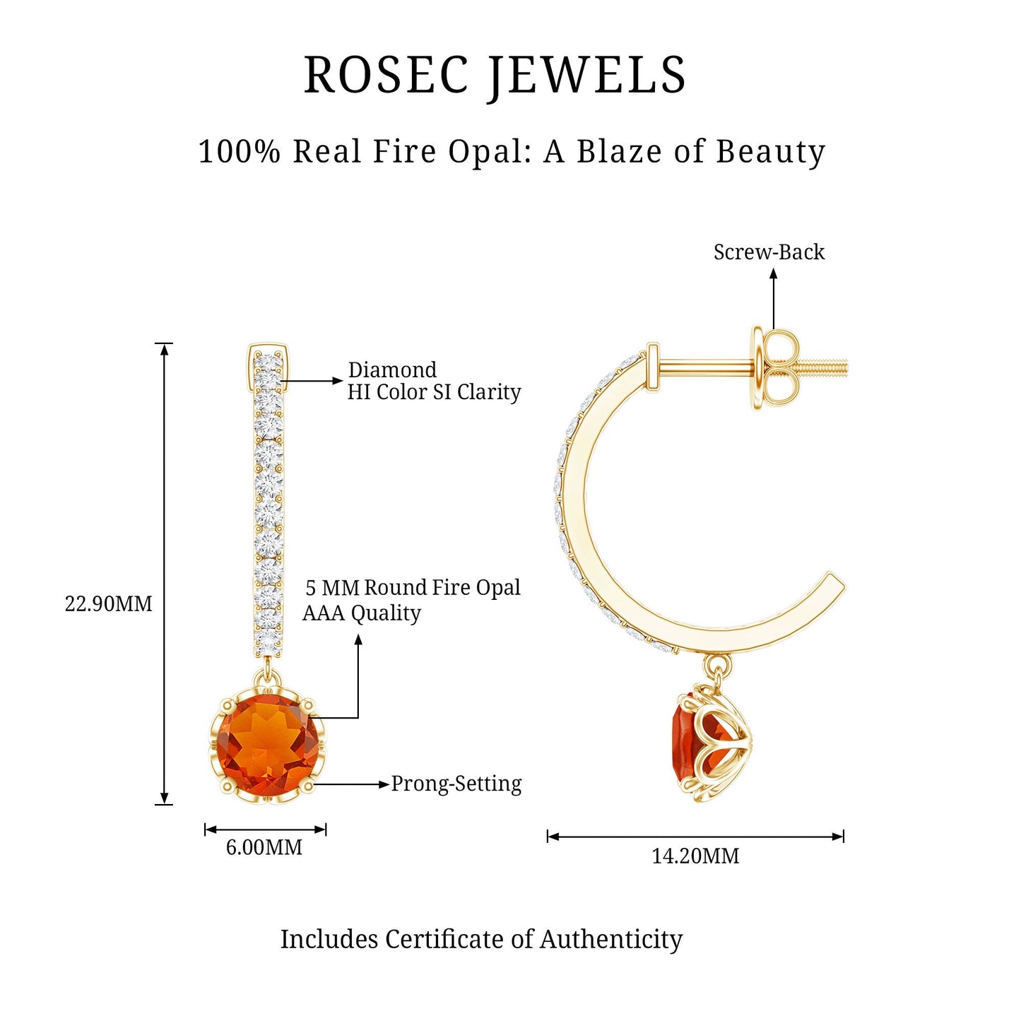 Certified Real Fire Opal Drop Hoop Earrings with Diamond