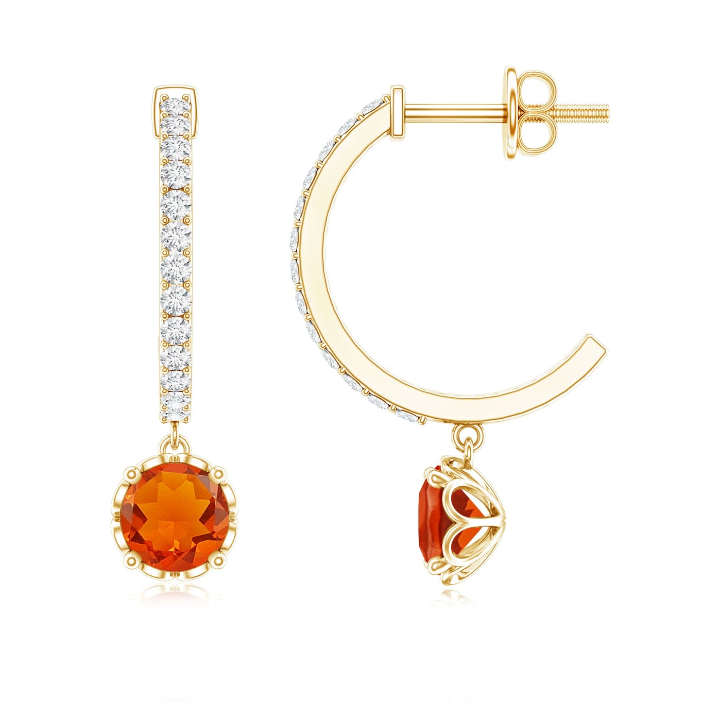 Certified Real Fire Opal Drop Hoop Earrings with Diamond
