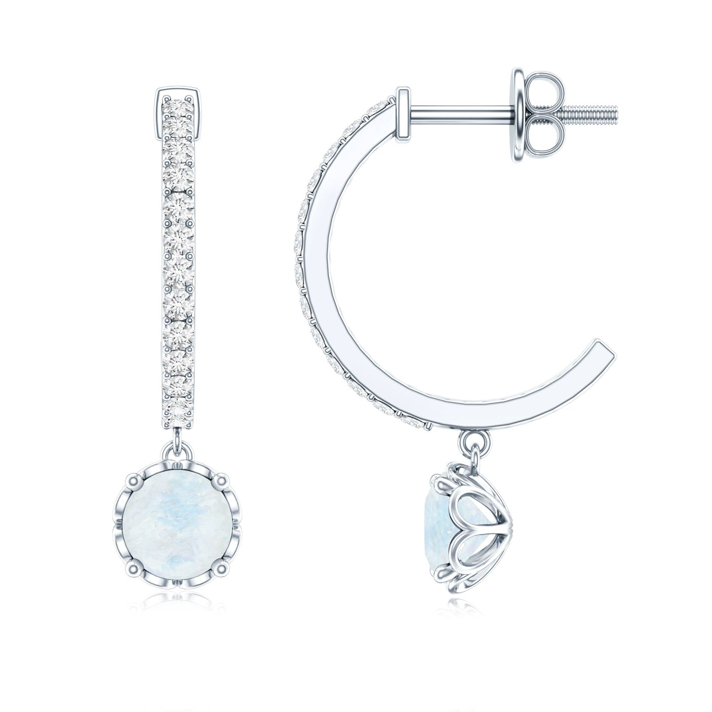 Natural Moonstone Drop Earrings with Diamond Hoop