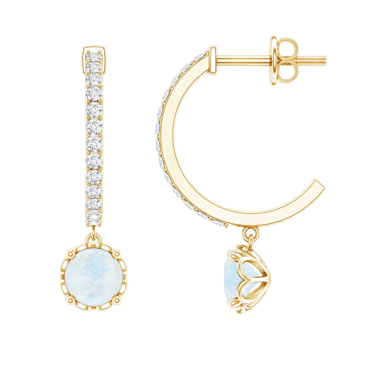 Natural Moonstone Drop Earrings with Diamond Hoop