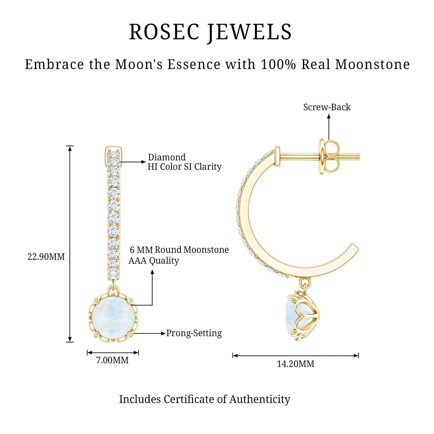 Natural Moonstone Drop Earrings with Diamond Hoop