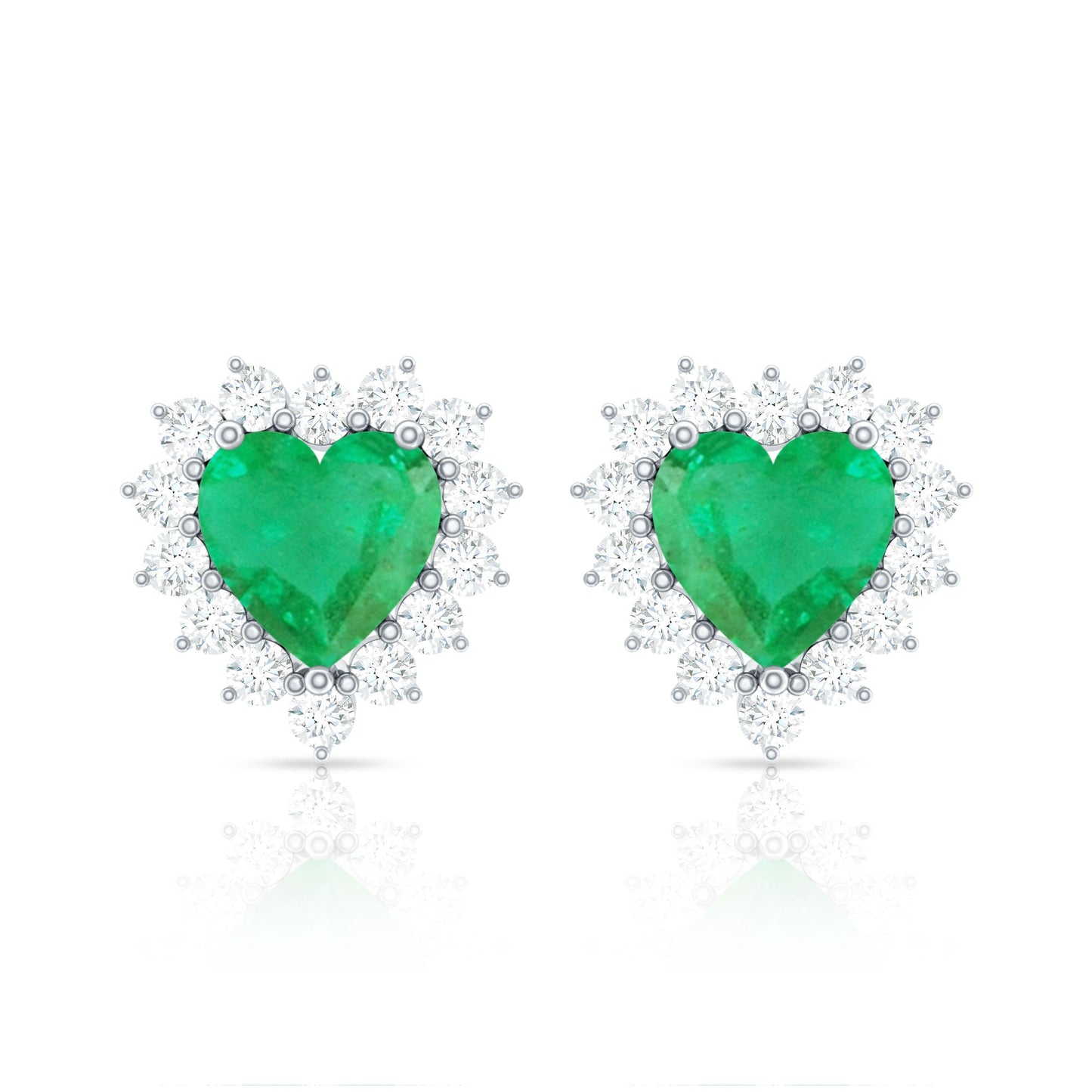 Natural Emerald Heart Stud Earrings with Diamond Halo