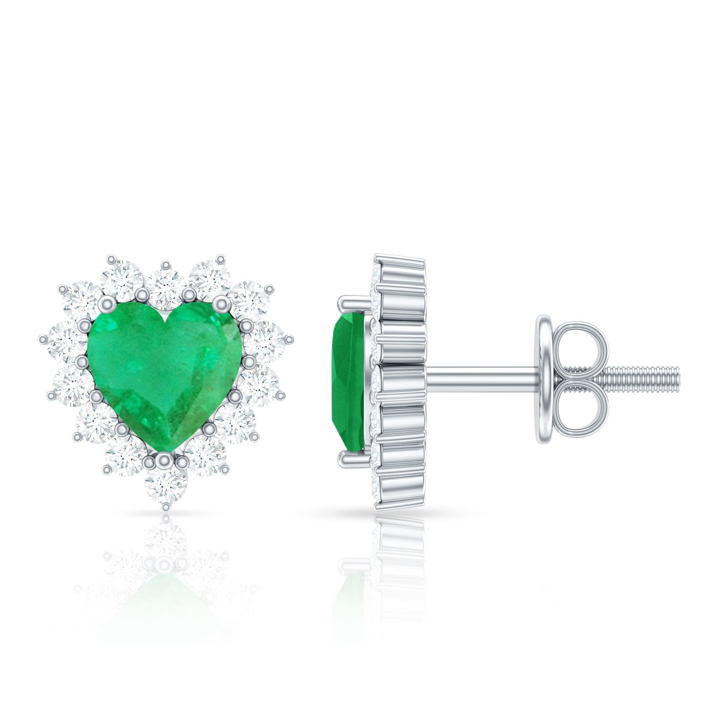 Natural Emerald Heart Stud Earrings with Diamond Halo