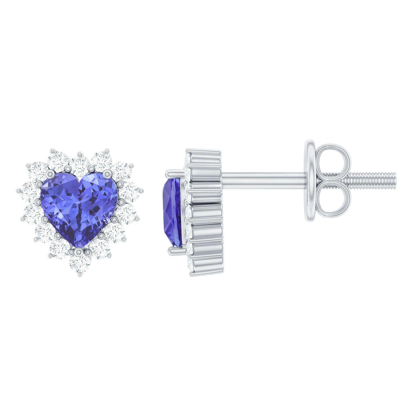 Natural 1.9 Carat Tanzanite Heart Stud Earrings with Diamond Halo
