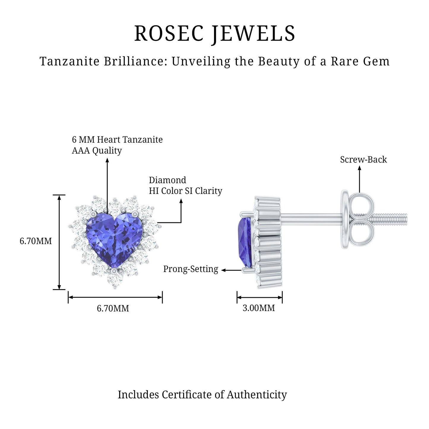 Natural 1.9 Carat Tanzanite Heart Stud Earrings with Diamond Halo