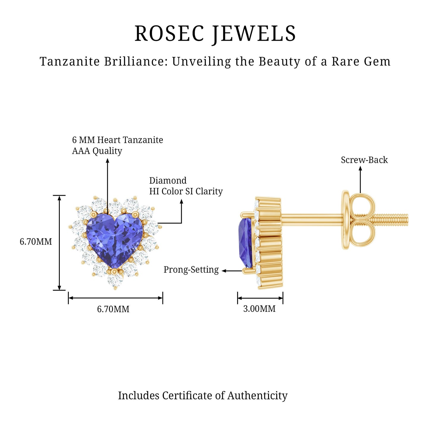 Natural 1.9 Carat Tanzanite Heart Stud Earrings with Diamond Halo