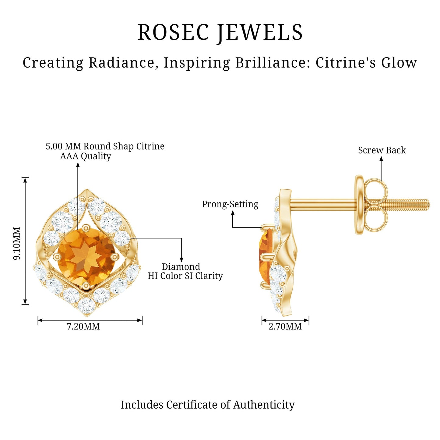 Nature Inspired Citrine Leaf Earrings with Diamond