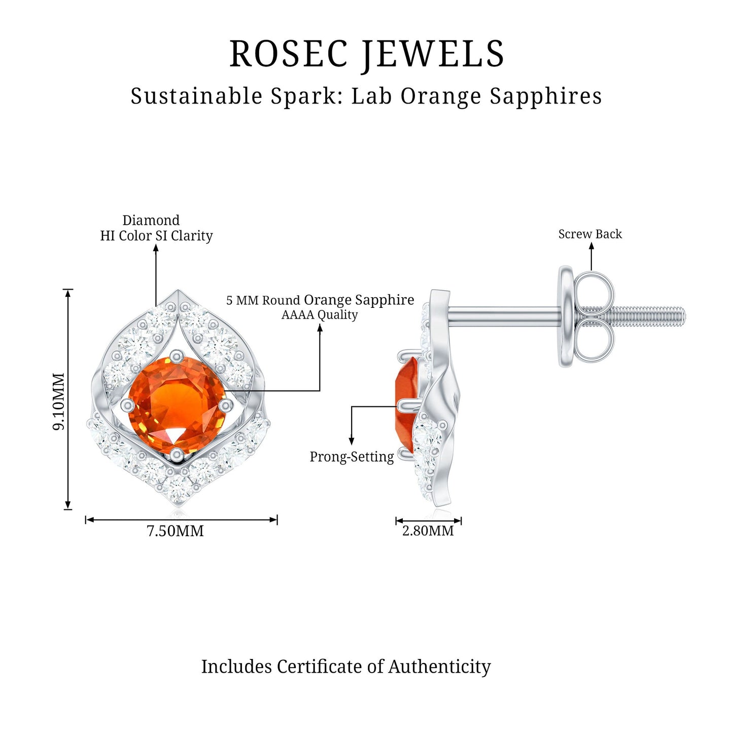 Designer Lab Grown Orange Sapphire Stud Earrings with Diamond