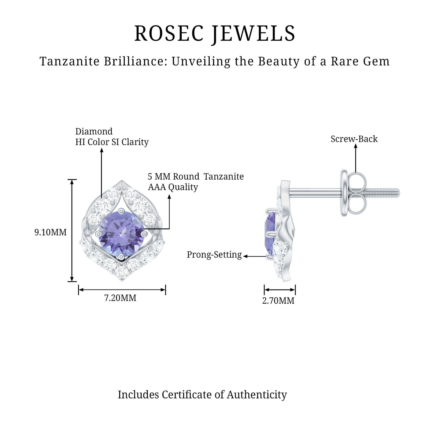 Natural 1 Carat Tanzanite Stud Earrings with Diamond or Women