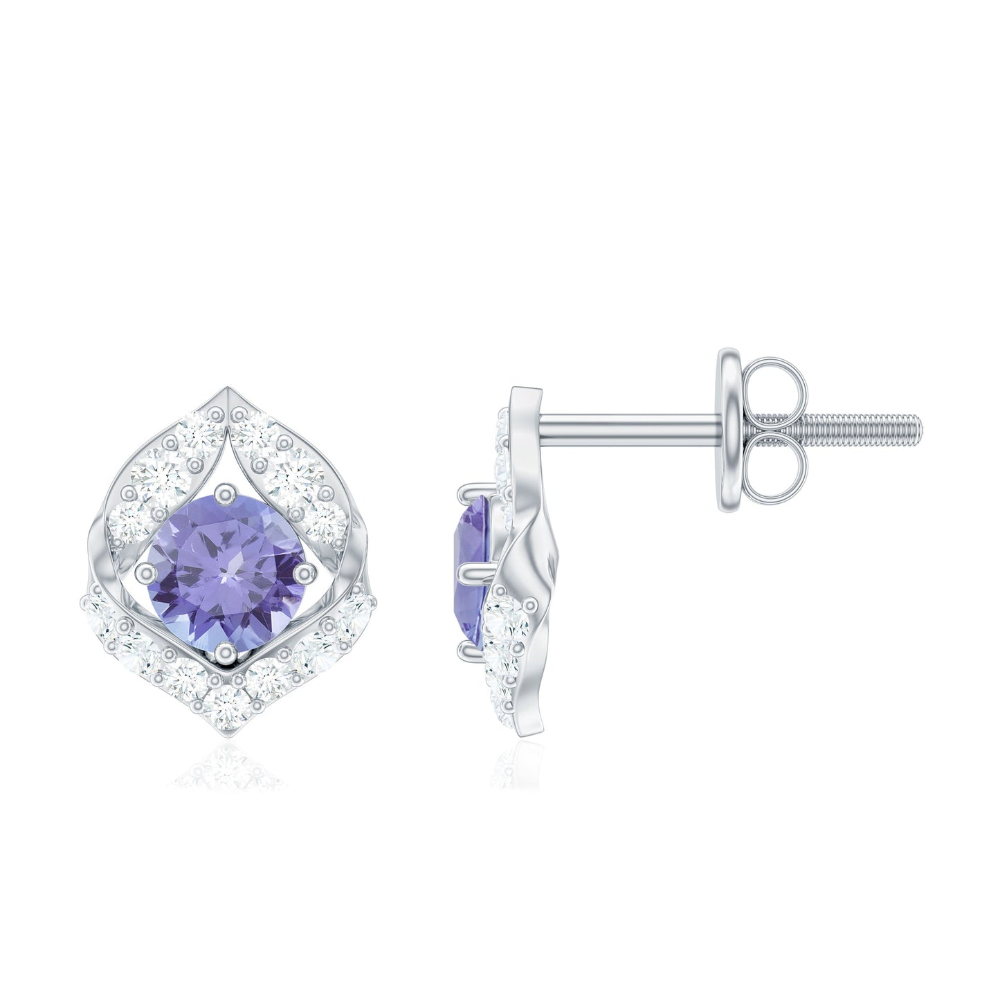 Natural 1 Carat Tanzanite Stud Earrings with Diamond or Women