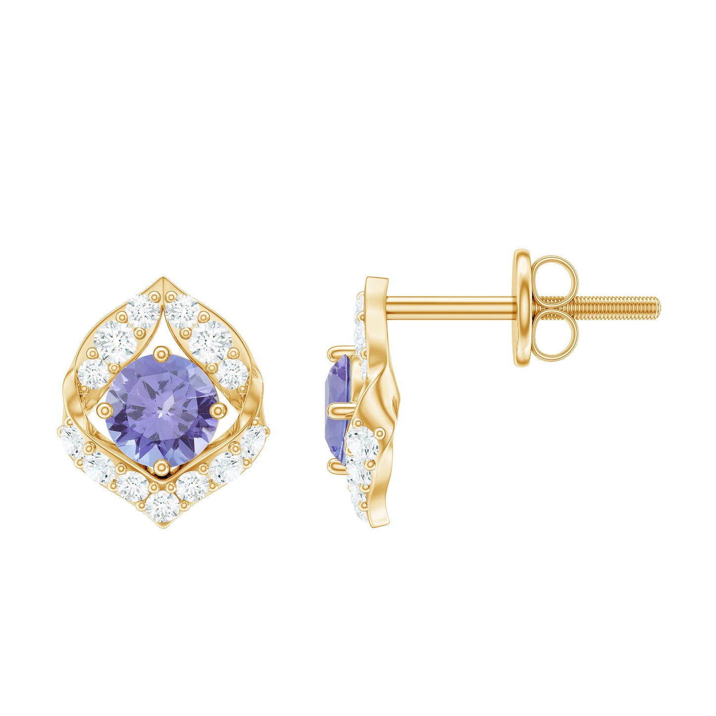Natural 1 Carat Tanzanite Stud Earrings with Diamond or Women