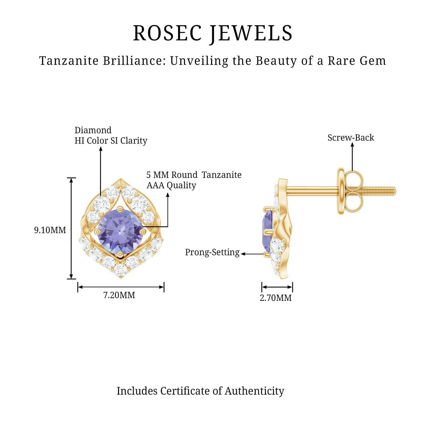 Natural 1 Carat Tanzanite Stud Earrings with Diamond or Women