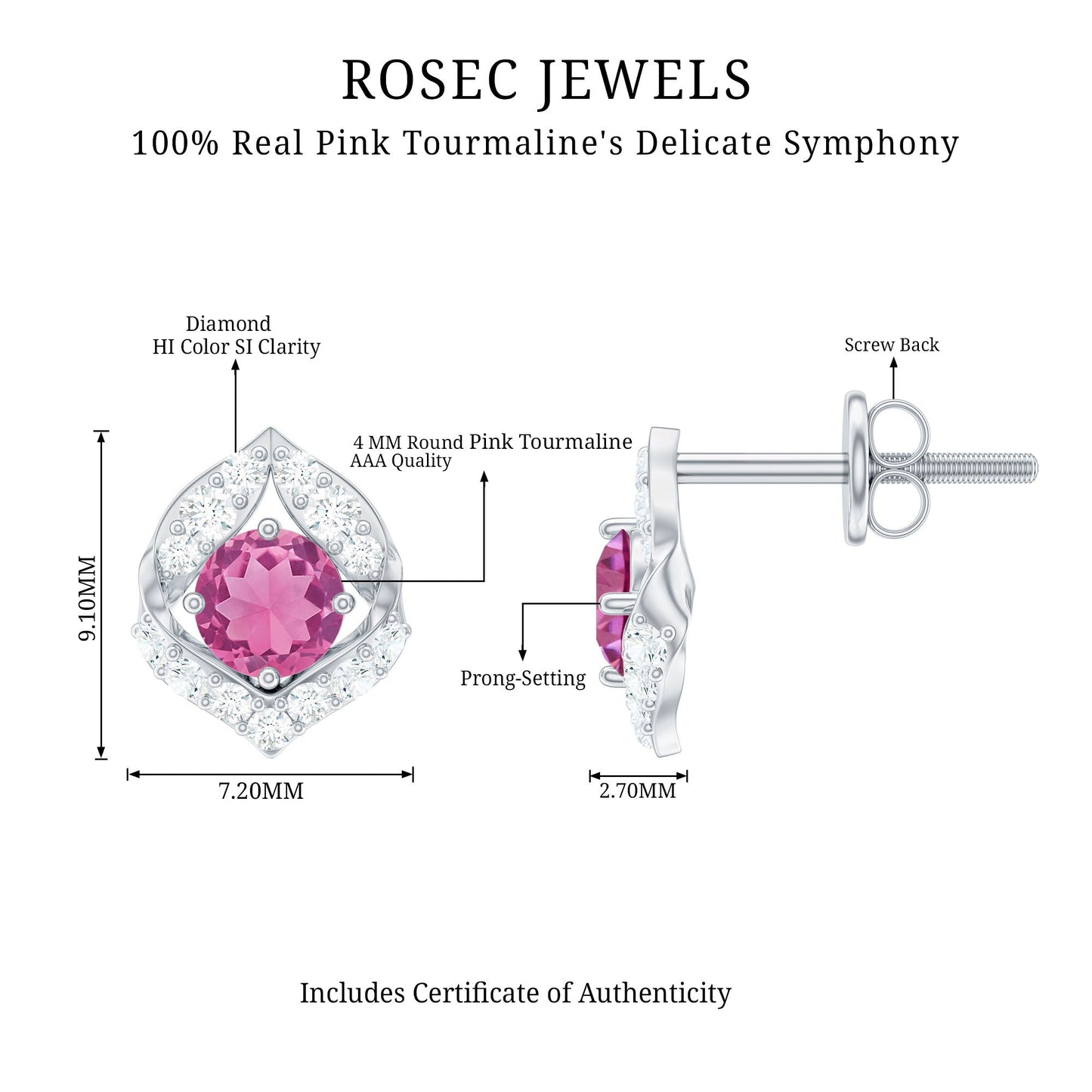 Natural Pink Tourmaline Stud Earrings with Diamond