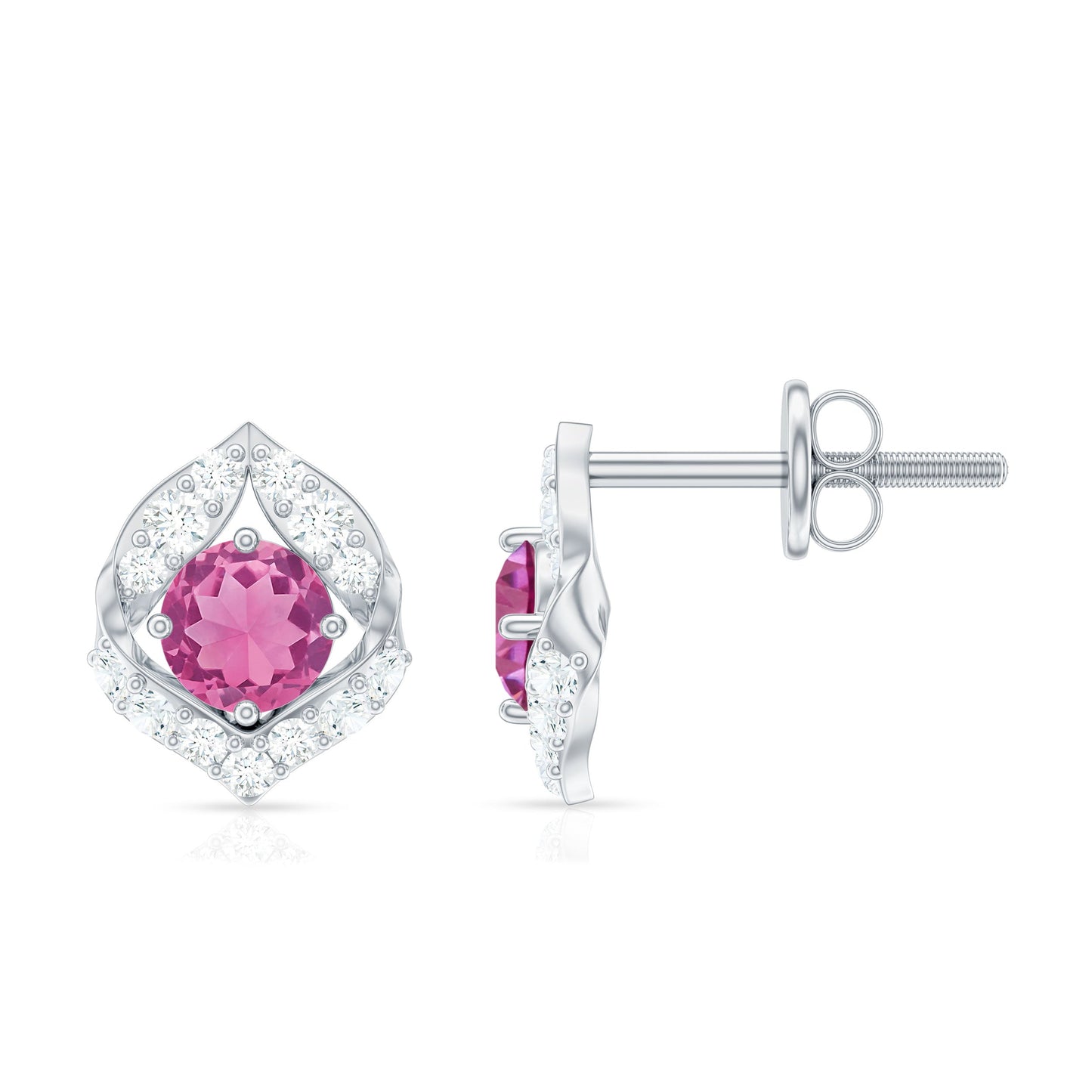 Natural Pink Tourmaline Stud Earrings with Diamond
