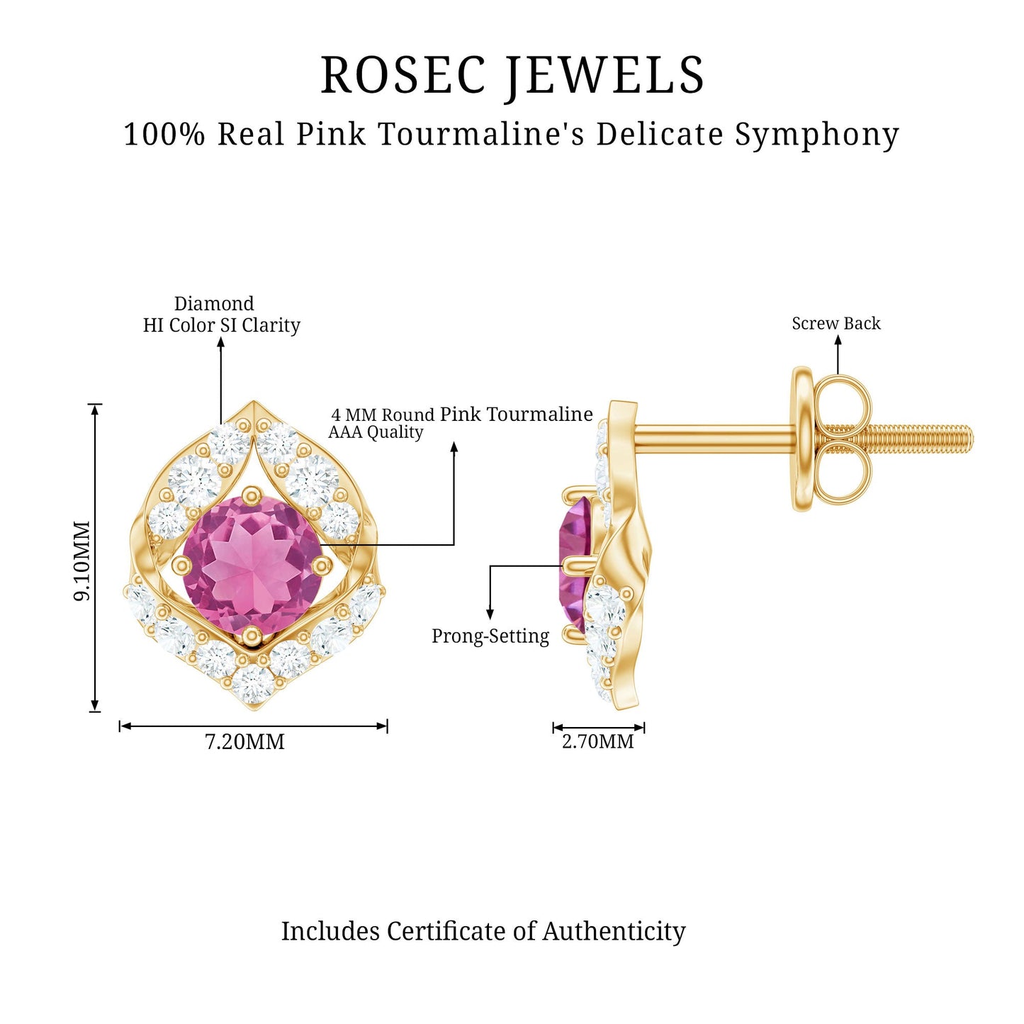 Natural Pink Tourmaline Stud Earrings with Diamond