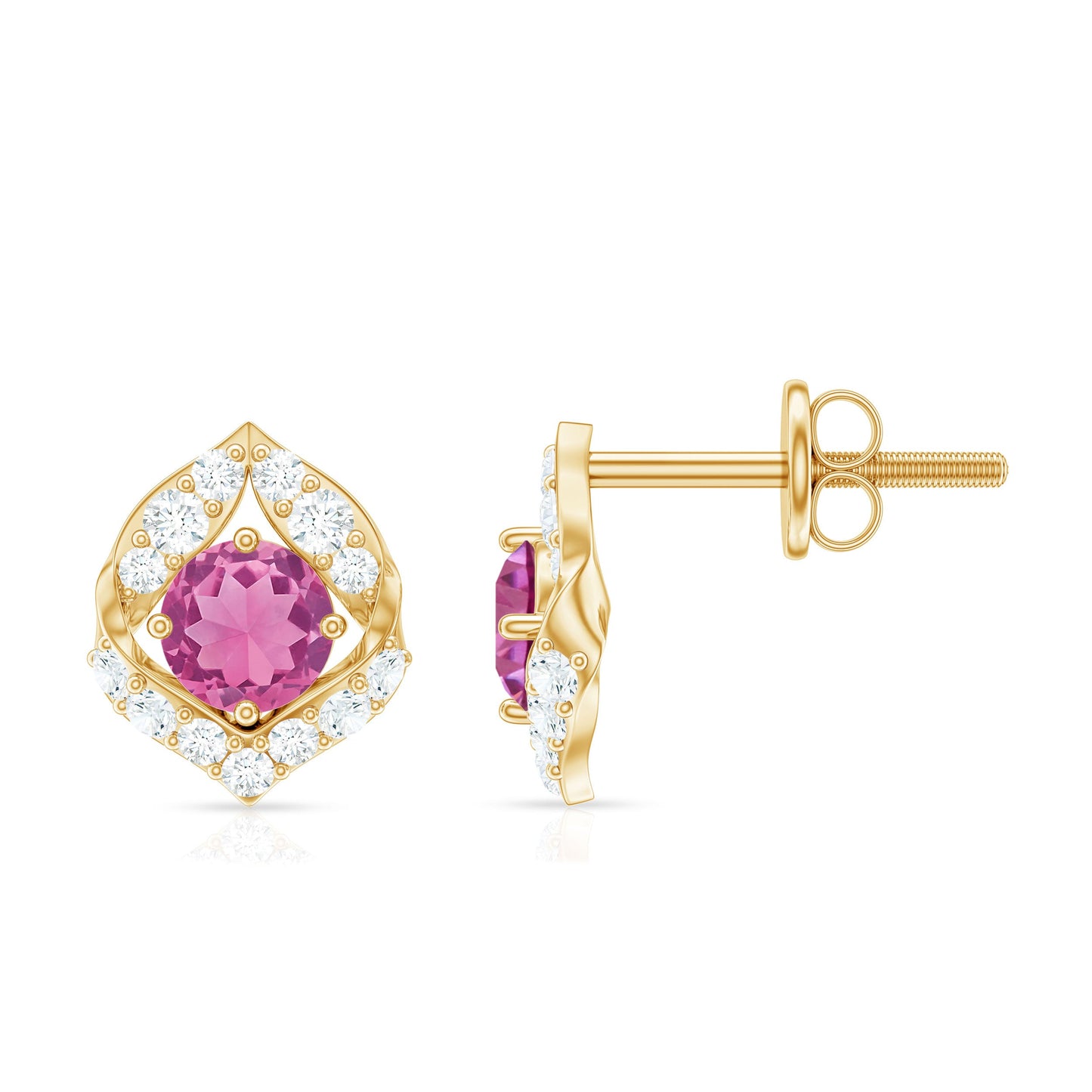 Natural Pink Tourmaline Stud Earrings with Diamond