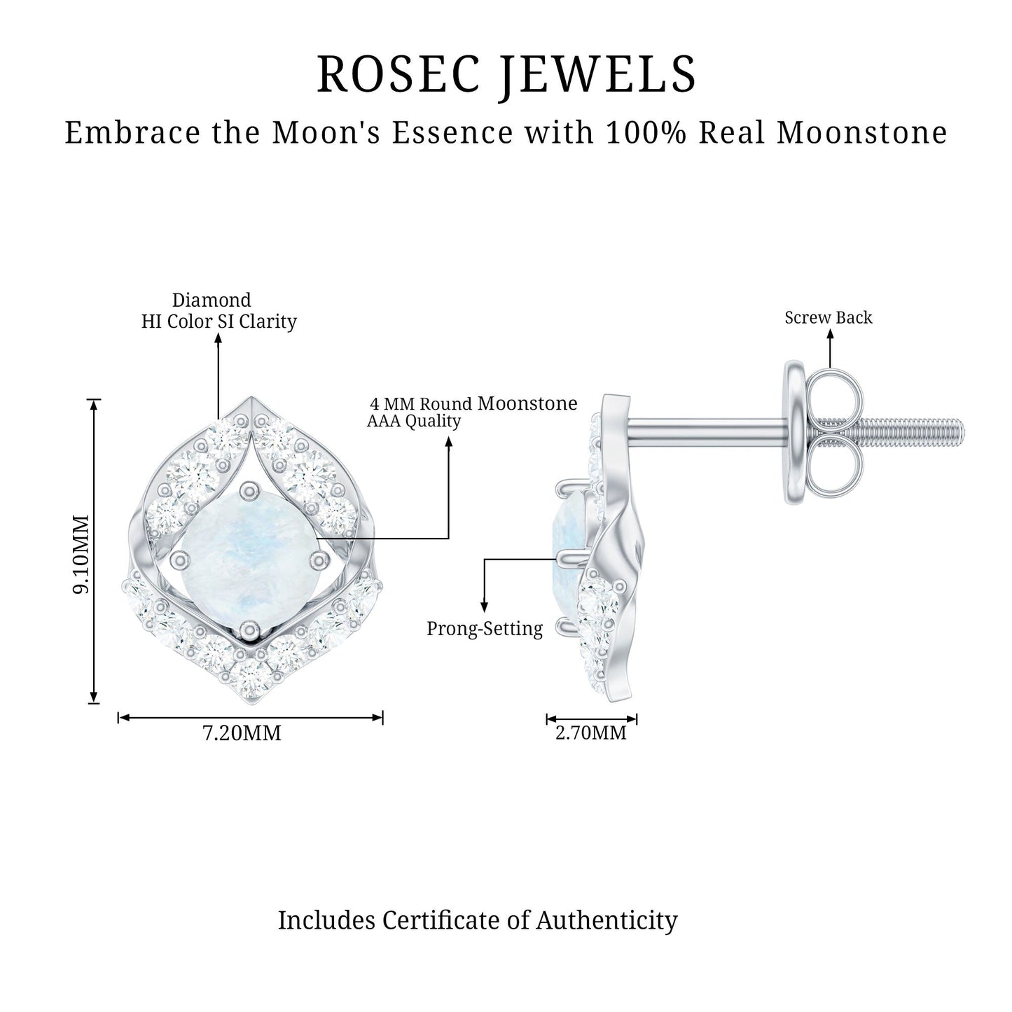 Real Moonstone Diamond Stud Earrings with Screw Back