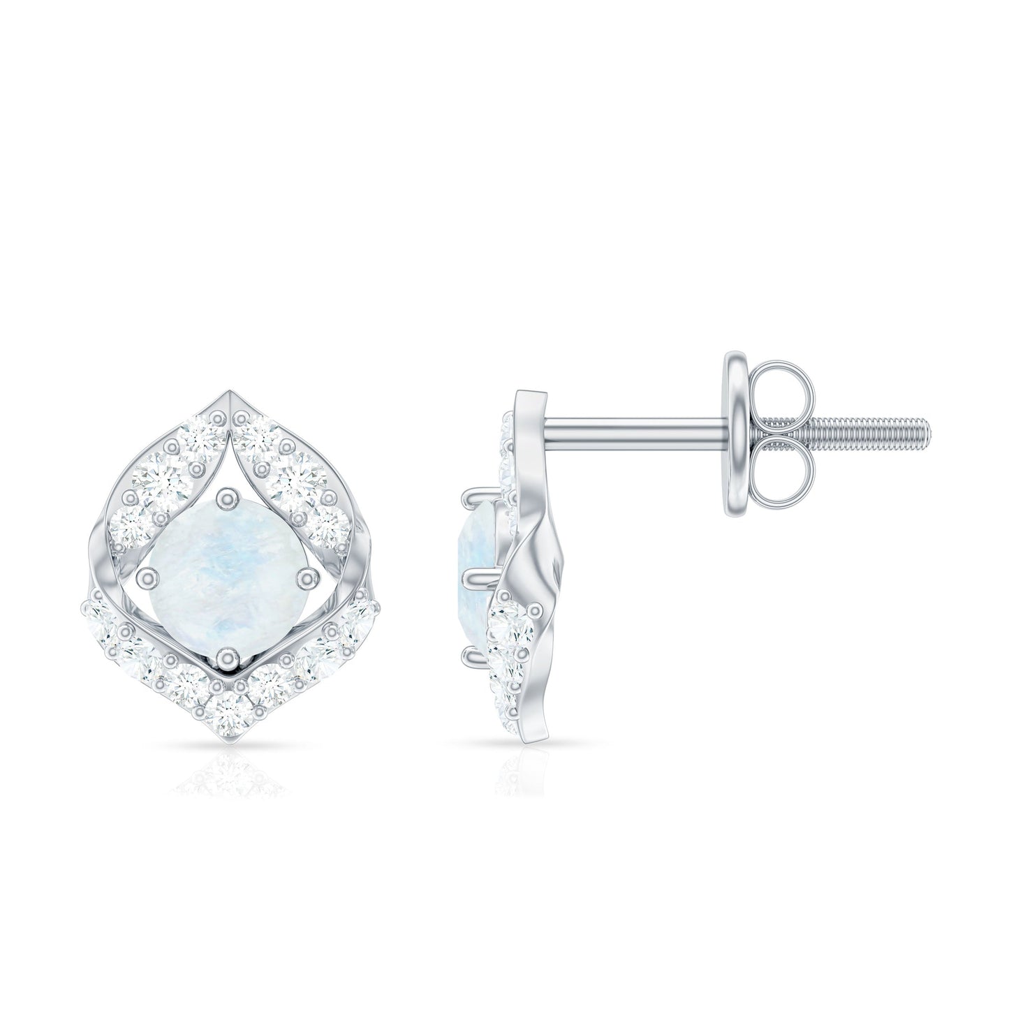 Real Moonstone Diamond Stud Earrings with Screw Back