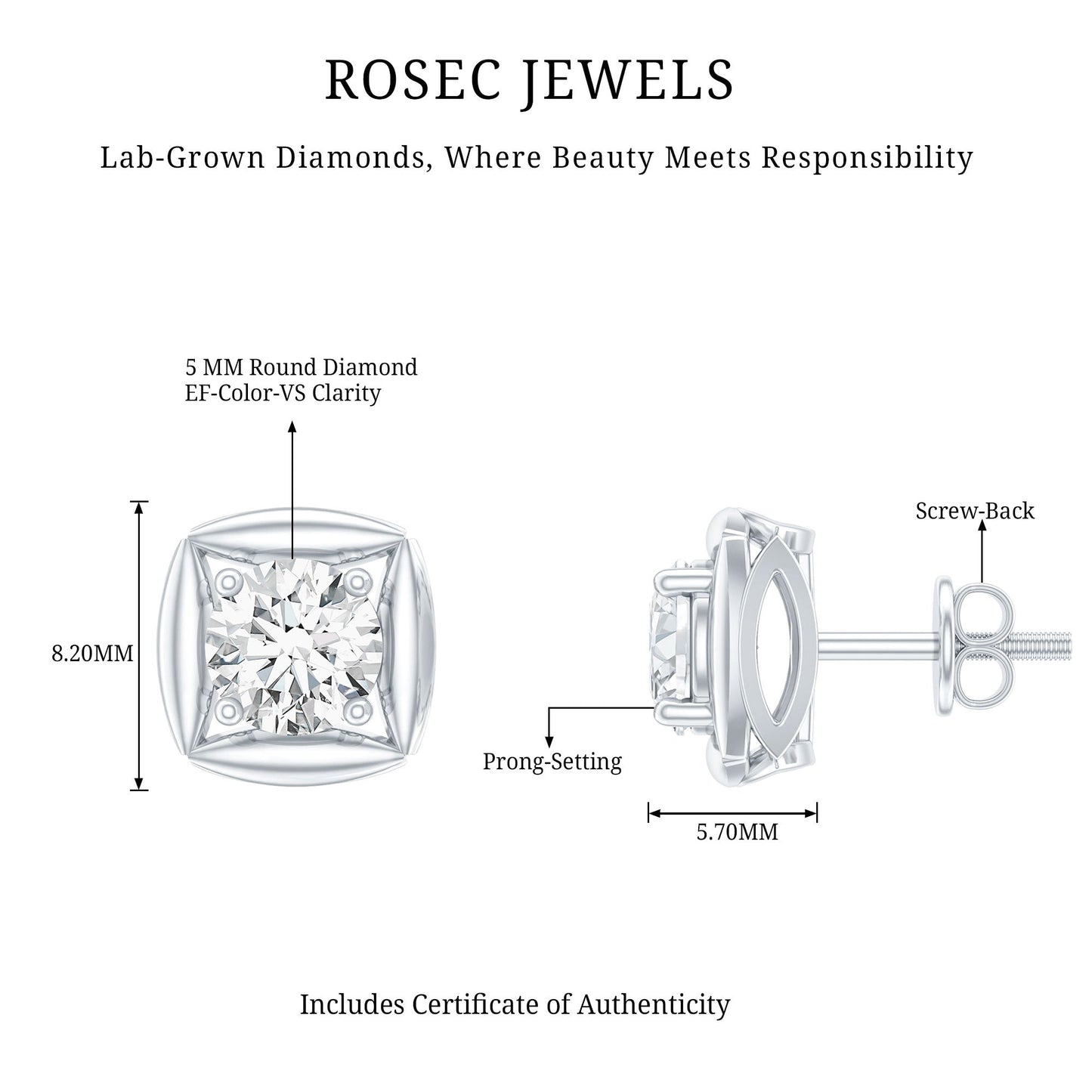 0.9 Carat Round Lab Grown Diamond Stud Earrings With Screw Back