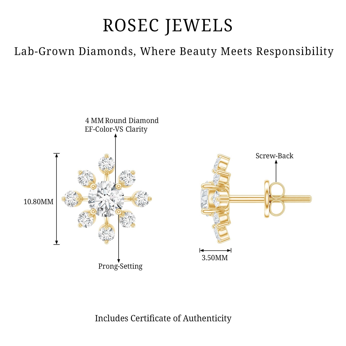 Certified Lab Grown Diamond Snowflake Stud Earrings