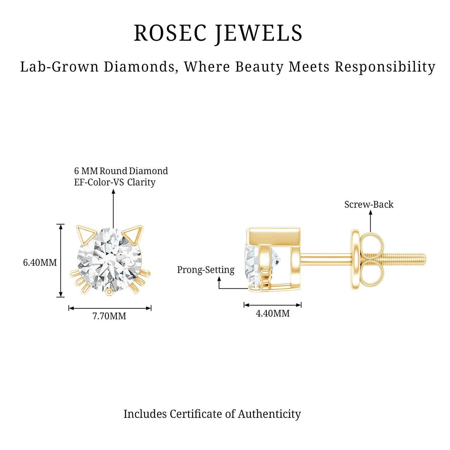 Certified 6MM Lab Grown Diamond Cute Cat Earrings