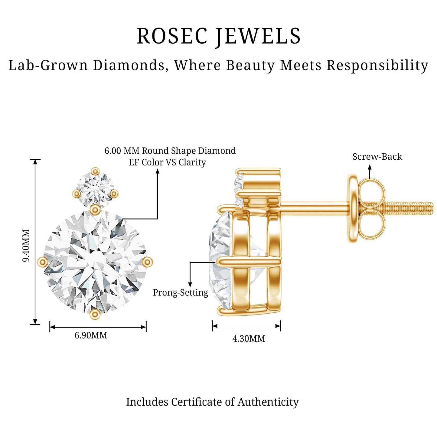 Lab 1.9 Carat Round Diamond Solitaire Stud Earrings