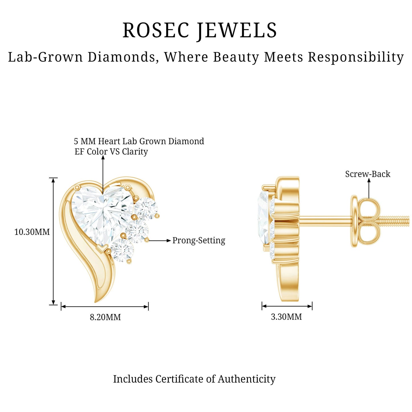 Heart Shape Lab Grown Diamond Minimal Stud Earrings with Screw Back