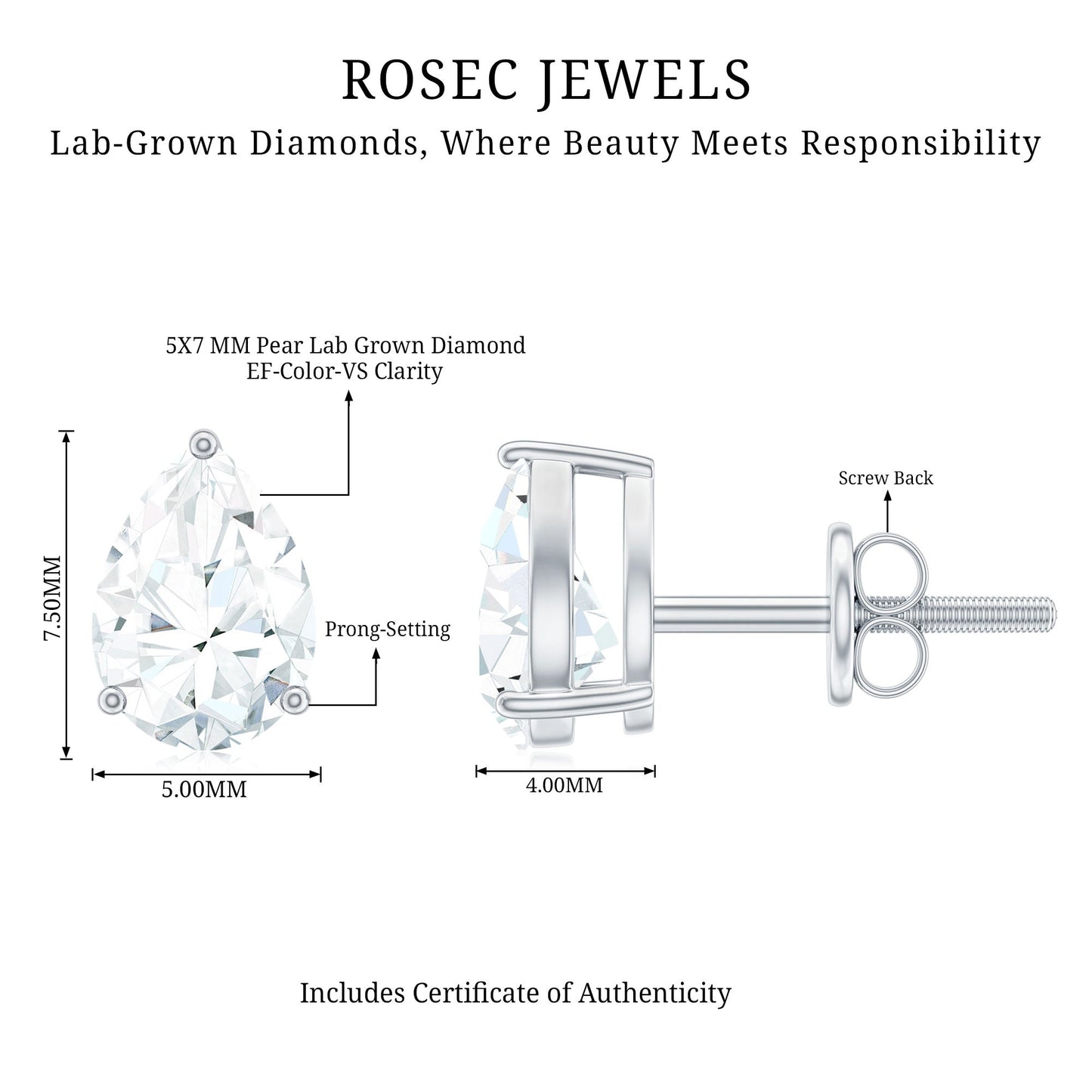 Pear Shape Lab Grown Diamond Solitaire Stud Earrings