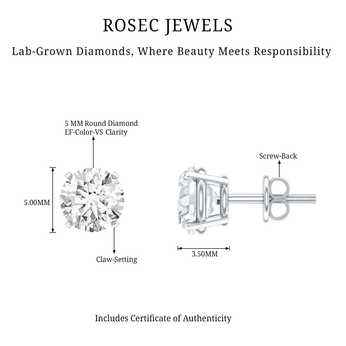 Lab Grown Diamond Solitaire Stud Earrings with Screw Back